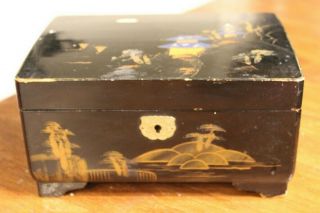 VTG 1940 ' s? Black Lacquer hand painted Japan Jewelry music box antique 2