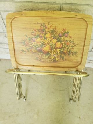 Vintage Mid Century Metal Tv Trays Set Of 4 On Rolling Stand Floral