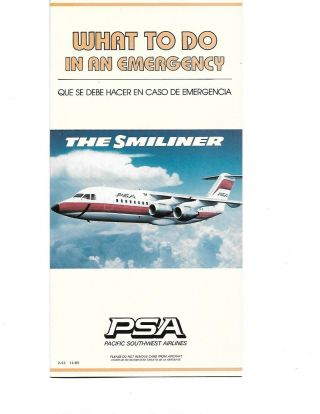 Psa Pacific Southwest Airlines Bae 146 - 200 Smileliner Safety Card Rare
