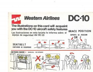 Western Airlines Mc Donnell Douglas Dc - 10 Safety Card Very Rare Issued 1978