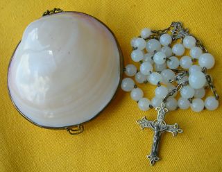 Circa 1900 Metal And Opaline Glass Beads Rosary With Shell Box
