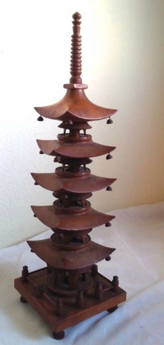 Japanese Hand Carved Camellia Wood Revolving Pagoda 5 - Story Metal Bells 14 " Tall