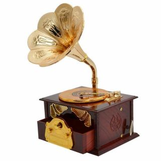 Classical Trumpet Horn Turntable Gramophone Art Disc Music Box & Make Up Case