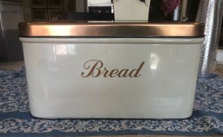 Vtg Decoware White & Copper Hinged Vintage Metal Bread Box 10 X 14 X 8.  Awesome