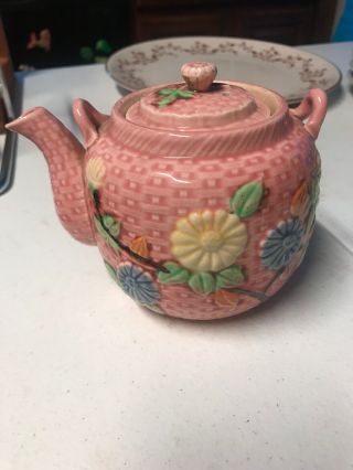 Beige Ceramic Basketweave Floral Teapot Red Blue Pink Green Accents Japan