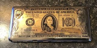 Vintage Cigarette Case 60s Engraved Metal 100 Dollar Bill Ben Franklin