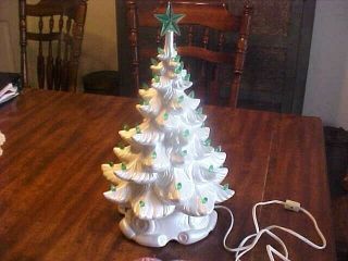 Vintage White Ceramic Light Up Christmas Tree With Music Box - Green Bulbs - Star