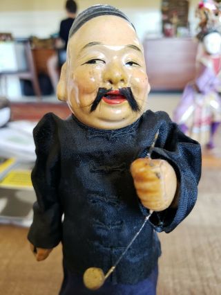Antique Chinese Opera Doll - Man W Mustache Hat And Opium Pipe