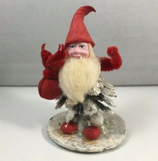 Vintage German Pinecone Christmas Elf Gnome Ornament Cotton Beard Red Bag Mica