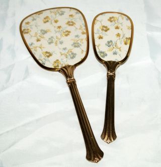 Vintage Vanity Set Dresser Brush Mirror Stitched Floral On Backs Gold Tone Mcm