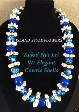Hawaii Wedding Kukui Nut Lei W/ Cowrie Shell Graduation Luau Necklace - Blue