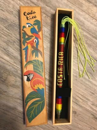 Vintage Costa Rica Souvenir Hand Painted Parrot Pen Wood Box Rainbow Multi Color