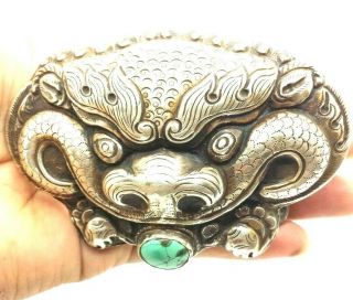 Chinese Export Dragon Turquoise Sterling Silver 925 Belt Buckle 70g Poe603