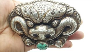 Chinese Export Dragon Turquoise Sterling Silver 925 Belt Buckle 70g POE603 2