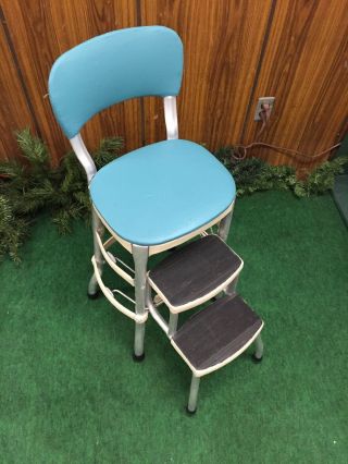 Vtg Mcm 1960s Cosco Kitchen Step Stool Chair Blue,  Cream,  & Black