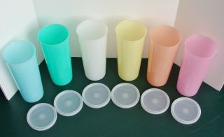 6 Vintage Pastel Tupperware 16 Oz.  Cups Tumblers W Lids Seals 107 G