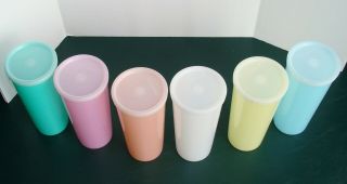 6 Vintage Pastel Tupperware 16 oz.  Cups Tumblers w Lids Seals 107 G 3