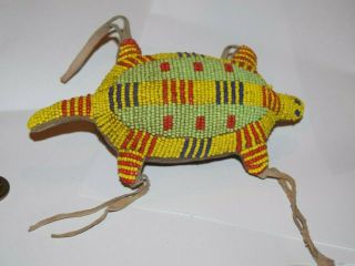 Mid - Century Native American Indian Beaded Leather Turtle Fetish Lovely Beadwork