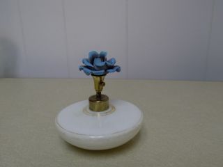 Vintage White Milk Glass Gold Trim Blue Flower Push Atomizer Perfume Bottle