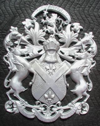 Plaque Shield Crest,  Scottish Rampant Unicorns With Lion,  Cast Aluminum,  23 " X 19 "