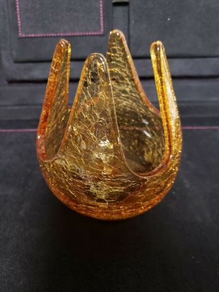 Vtg 1960s Mid Century Modern Art Glass Crackle Amber Vase Unusual Shape