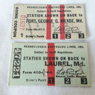 2 Pennsylvania Greyhound Lines Tickets Fort George G Meade & Laurel Md.  Mar 1941