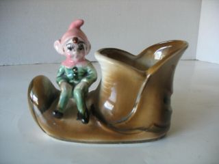 Vintage Japan Elf Pixie Gnome Sitting On Shoe Vase Planter Ceramic