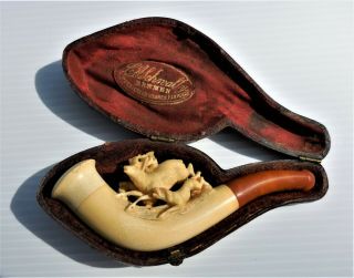 Antique Hand Carved Dog Chasing Elk Meerschaum Pipe In Case Circa Late 1800 