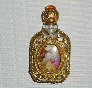 Filigree And Glass Perfume Ormolu Bottle Porcelain Inset&amber Stone Dauber Top