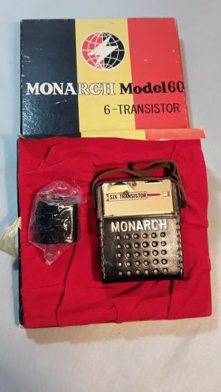 Vintage Monarch Model 60 6 - Transistor W/leather Case & Ear Bud W/case & Box Rare