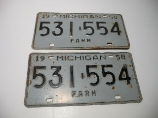 Matching Set Of 1958 Michigan Farm License Plate 