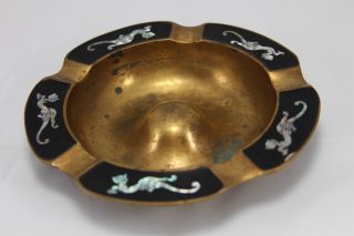 Fantastic Vintage Bronze/copper Ashtray With Wild Cat Mother Of Pearl Inlay