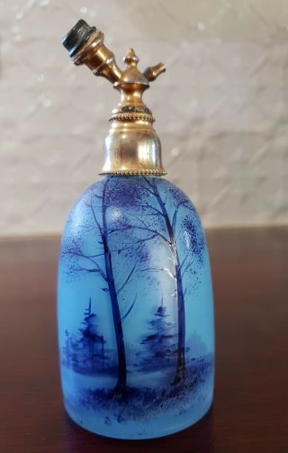 Vintage Blue Handpainted Opaline Frosted Glass Atomiser Perfume Bottle