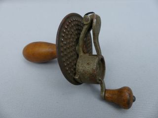 Antique Primitive Hand Held Crank Pierced Tin And Wood Nutmeg Grater