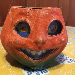 Vintage Halloween Paper Mache Orange Smiling Jack O Lantern Pumpkin W/insert