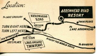 Arrowhead Road Resort Business Card Lake Arrowhead C.  1947