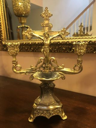 Vintage Religious Brass Statue Jesus,  Holy Water And Candle Holder Catholic