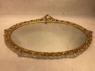 Vintage Brass Rimmed Vanity Mirror Tray Floral Rim