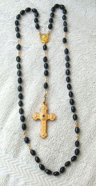 Vintage Catholic Jet Black Glass Rosary W/stanhope,  Our Lady Of De Guadalupe