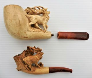 Two Antique Meerschaum 1800’s Carved Elk Smoking Pipes Circa Late 1800 