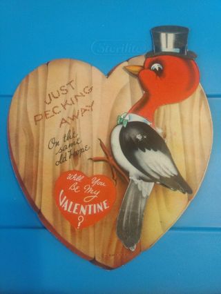 Vintage Valentines Day Card Mechanical Woodpecker,  Large
