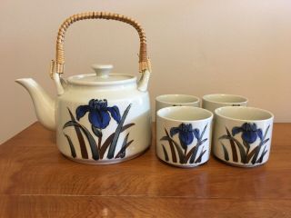 Vintage Otagiri Tea Set Blue Iris Pattern Teapot & 4 Tea Cups