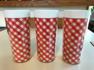 Vintage Thermo Serv Tumblers Glasses Set Of 3 Gingham Red White Picnic Usa