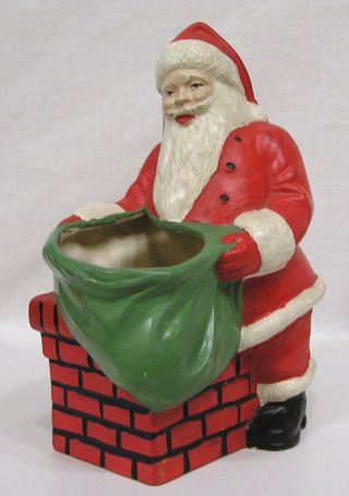 Vintage Christmas Ceramic Santa At Chimney With Open Gift Sack Planter 1950s