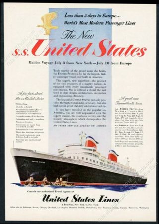 1952 Ss United States Ship Color Art Maiden Voyage Us Lines Vintage Print Ad