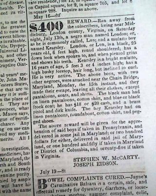 Runaway Slaves W/ Descriptions Washington D.  C.  Advertisement 1839 Old Newspaper