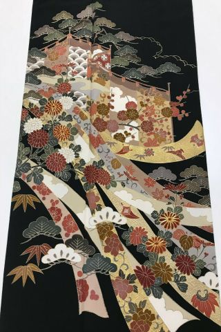 @@vintage/japanese Tomesode Kimono Silk Fabric/ Pine Trees,  Plum Blossom L460