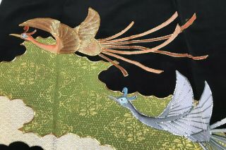 @@vintage/japanese Tomesode Kimono Silk Fabric/ Embroidered 2 Cranes P440