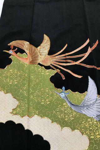 @@Vintage/Japanese tomesode kimono silk fabric/ embroidered 2 cranes P440 2