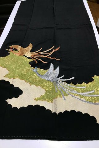 @@Vintage/Japanese tomesode kimono silk fabric/ embroidered 2 cranes P440 3